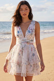 A Line Ivoy Printed Floral V Neck Ruffled Mini Graduation Dress