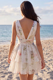 A Line Ivoy Printed Floral V Neck Ruffled Mini Graduation Dress