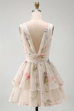 A Line Ivoy Printed Floral V Neck Ruffled Mini Graduation Dress