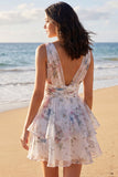A Line Ivoy Printed Floral V Neck Ruffled Mini Graduation Dress