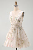 A Line Ivoy Printed Floral V Neck Ruffled Mini Graduation Dress