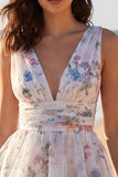 A Line Ivoy Printed Floral V Neck Ruffled Mini Graduation Dress