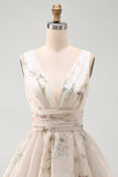 A Line Ivoy Printed Floral V Neck Ruffled Mini Graduation Dress