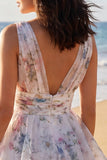 A Line Ivoy Printed Floral V Neck Ruffled Mini Graduation Dress