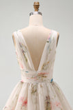 A Line Ivoy Printed Floral V Neck Ruffled Mini Graduation Dress
