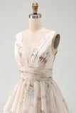 A Line Ivoy Printed Floral V Neck Ruffled Mini Graduation Dress