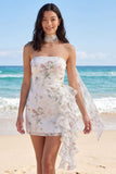 Strapless White Floral Bodycon Ruffled Bridal Shower Dress with a Neck Scarf