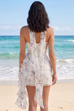 Strapless White Floral Bodycon Ruffled Bridal Shower Dress with a Neck Scarf