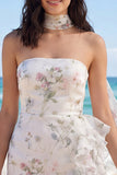 Strapless White Floral Bodycon Ruffled Bridal Shower Dress with a Neck Scarf