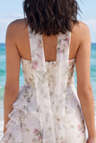 Strapless White Floral Bodycon Ruffled Bridal Shower Dress with a Neck Scarf