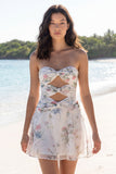 Strapless Floral A Line Cut Out Little White Dress