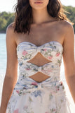 Strapless Floral A Line Cut Out Little White Dress