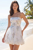 White Strapless A Line Floral Mini Graduation Dress