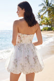 White Strapless A Line Floral Mini Graduation Dress