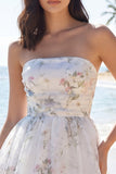 White Strapless A Line Floral Mini Graduation Dress
