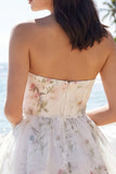 White Strapless A Line Floral Mini Graduation Dress