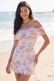 Off The Shoulder Ivory Floral A Line Short Graduation Dress