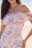 Off The Shoulder Ivory Floral A Line Short Graduation Dress