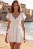 Ivory A Line V Neck Ruffled Graduation Dress