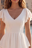 Ivory A Line V Neck Ruffled Graduation Dress