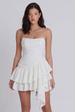 White Strapless A Line Ruffled Mini Graduation Dress with Sash