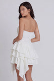 White Strapless A Line Ruffled Mini Graduation Dress with Sash