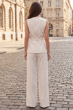 2 Piece Ivory V-Neck Single Breasted Women Suits with Belt