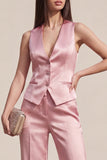 Pink 2 Piece V-Neck Single Breasted Slim Fit Women Suits