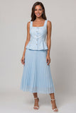Sky Blue Pleated A Line Square Neck Midi Work Dress