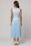 Sky Blue Pleated A Line Square Neck Midi Work Dress