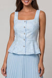 Sky Blue Pleated A Line Square Neck Midi Work Dress