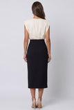 Ivory and Black Sheath Round Neck Midi Work Dress with Slit