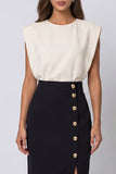 Ivory and Black Sheath Round Neck Midi Work Dress with Slit