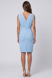 Sky Blue Sheath Ruched V Neck Mini Work Dress