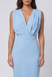 Sky Blue Sheath Ruched V Neck Mini Work Dress