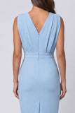 Sky Blue Sheath Ruched V Neck Mini Work Dress