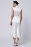 Ivory 2 Piece Satin A Line Peaked Lapel Midi Work Dress