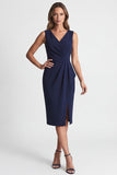 Navy Sheath V Neck Ruched Midi Work Dress with Slit