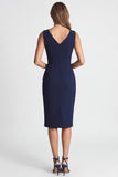 Navy Sheath V Neck Ruched Midi Work Dress with Slit