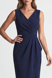 Navy Sheath V Neck Ruched Midi Work Dress with Slit