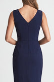 Navy Sheath V Neck Ruched Midi Work Dress with Slit
