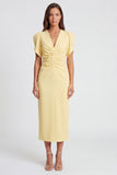 Sheath Light Yellow Ruched Midi Work Dress with Short Sleeves
