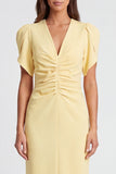 Sheath Light Yellow Ruched Midi Work Dress with Short Sleeves