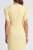 Sheath Light Yellow Ruched Midi Work Dress with Short Sleeves