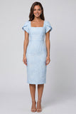 Sky Blue Jacquard Sheath Suqare Neck Midi Work Dress with Slit