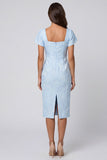 Sky Blue Jacquard Sheath Suqare Neck Midi Work Dress with Slit