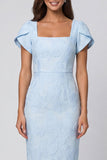 Sky Blue Jacquard Sheath Suqare Neck Midi Work Dress with Slit