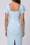 Sky Blue Jacquard Sheath Suqare Neck Midi Work Dress with Slit