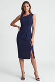 Navy Sheath Asymmetric Neck Midi Work Dress with Slit