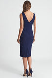 Navy Sheath Asymmetric Neck Midi Work Dress with Slit
